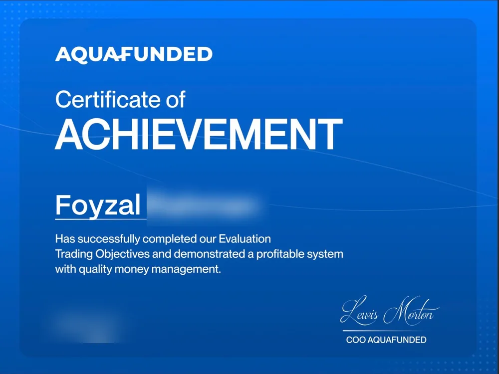 Aqua Funded certificate awarded to Foyzal, with surname and issue date redacted