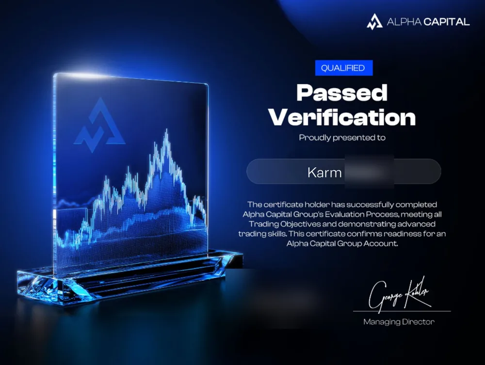 Alpha Capital Group certificate awarded to Karam, with surname and issue date redacted