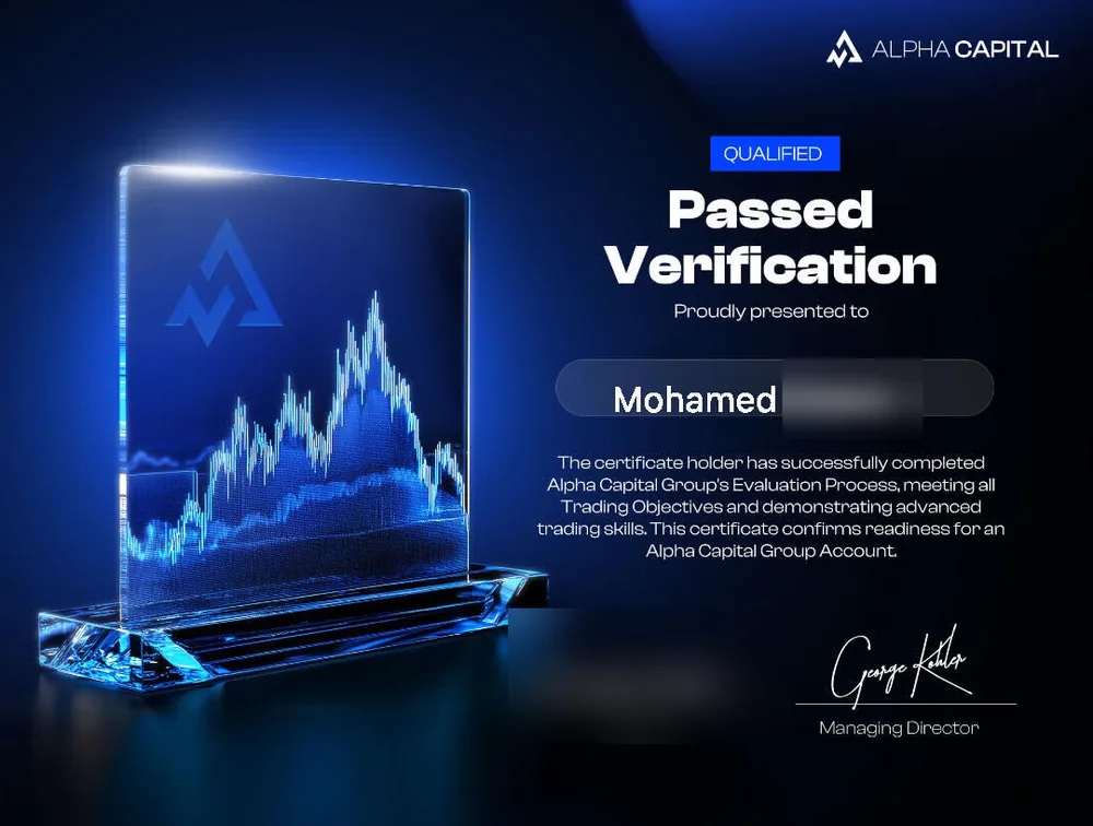 Alpha Capital Group certificate awarded to Mohamed, with surname and issue date redacted