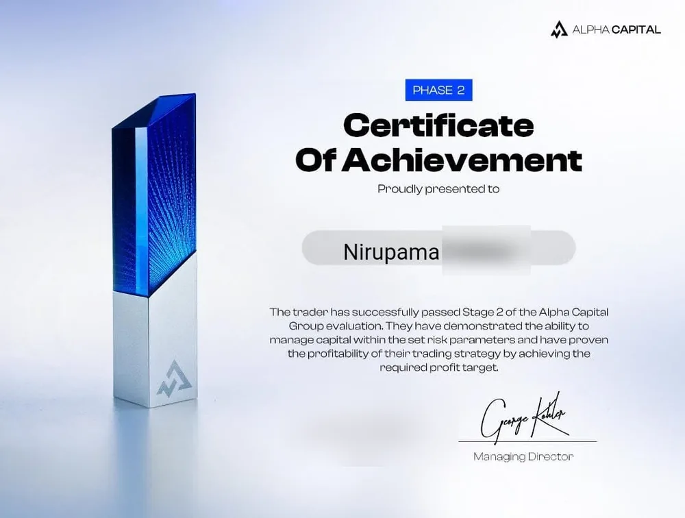 Alpha Capital Group certificate awarded to Nirupama, with surname and issue date redacted