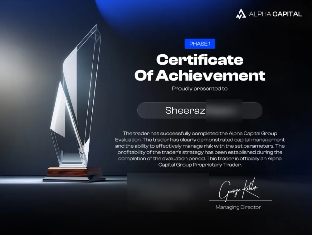 Alpha Capital Group certificate awarded to Sheeraz, with surname and issue date redacted